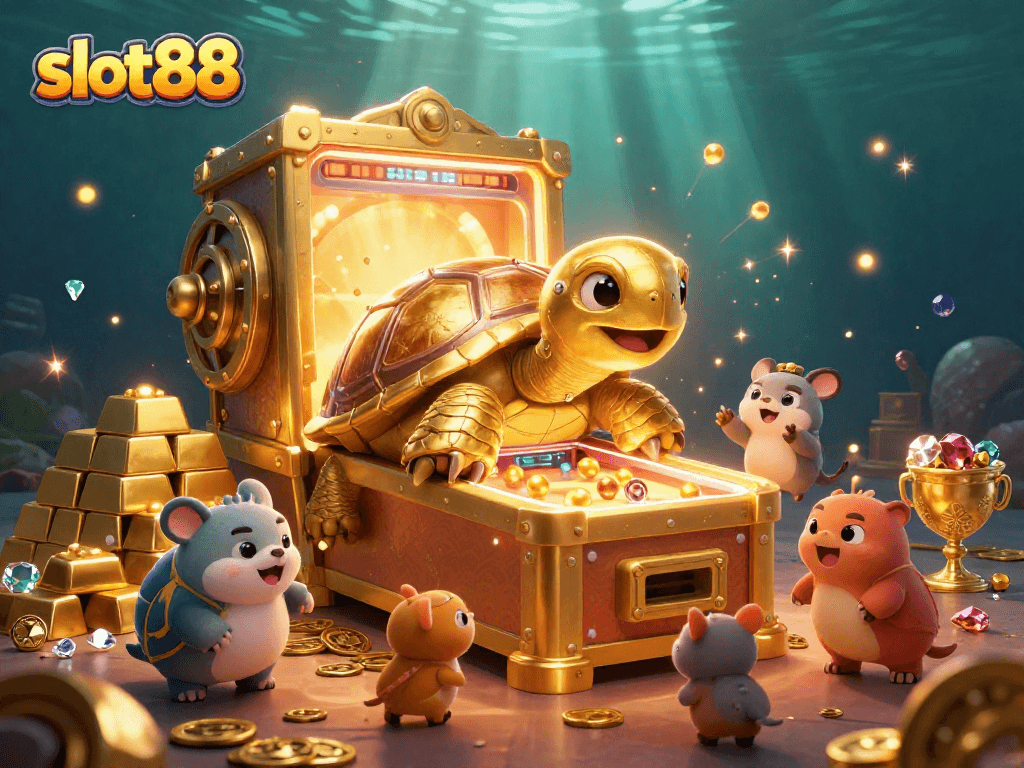 Mainkan slot88 dengan pengalaman seru dari kura-kura emas raksasa dan permainan pinball dalam gambar yang penuh harta.