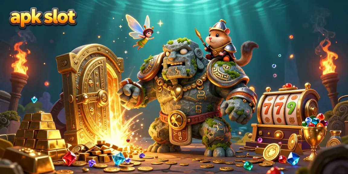 Permainan apk slot yang menyenangkan memperlihatkan karakter golem dan peri bersinar dengan elemen kasino.