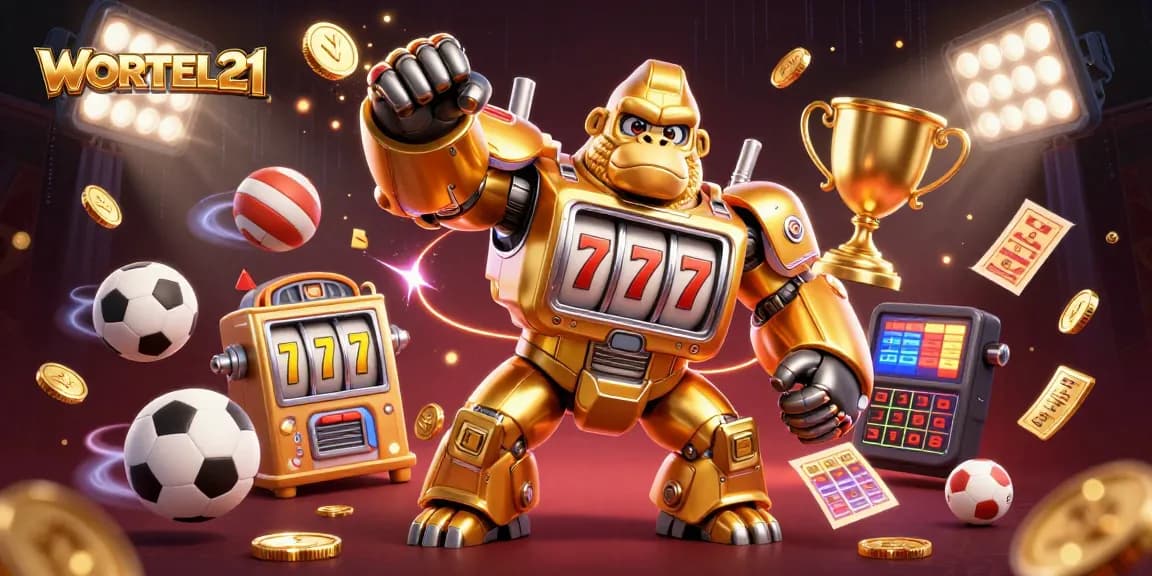 WORTEL21 showcases a vibrant 3D golden mech celebrating sports betting victories with dynamic visuals.