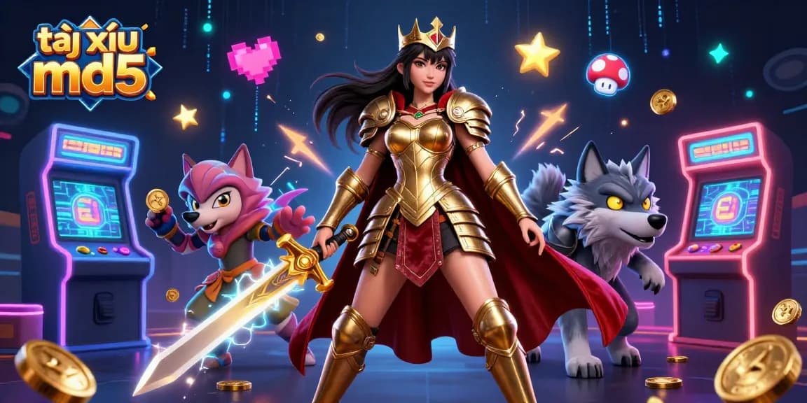 Experience the excitement of tài xỉu md5 with a dynamic 3D illustration of a warrior queen and her wolf companion amidst vibrant gaming elements.