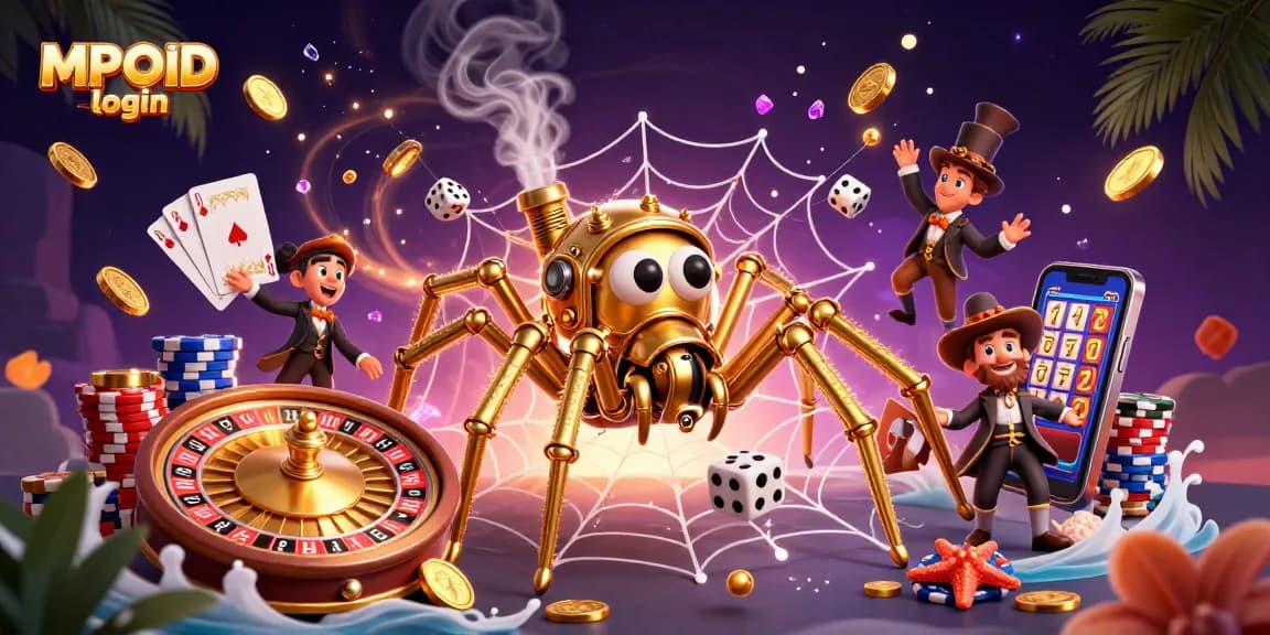 Experience the thrill of MPOID login with a dynamic illustration of a steampunk spider and gaming elements.