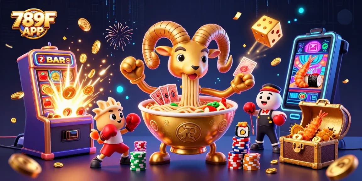 Engage with the vibrant 789F APP in this dynamic casino scene with cartoon characters.