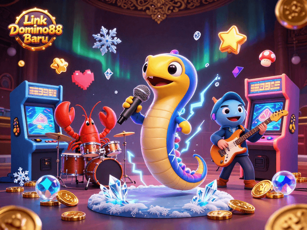 Link Domino88 Baru energizes players with a lively underwater casino DJ scene featuring vibrant characters.