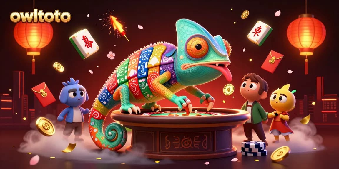 Engage with owltoto's vibrant chameleon casino owner amid dynamic gambling elements, showcasing excitement.