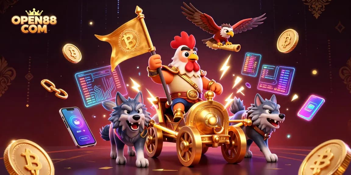 Engage in epic battles with the OPEN88 COM rooster warlord alongside glowing cryptocurrency elements.