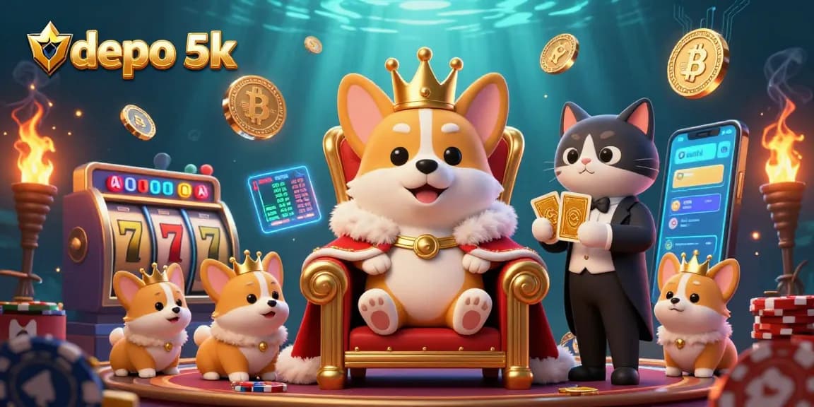 Utilize the depo 5k link to join high-stakes gaming with a royal corgi and cat butler in a vibrant digital casino scene.