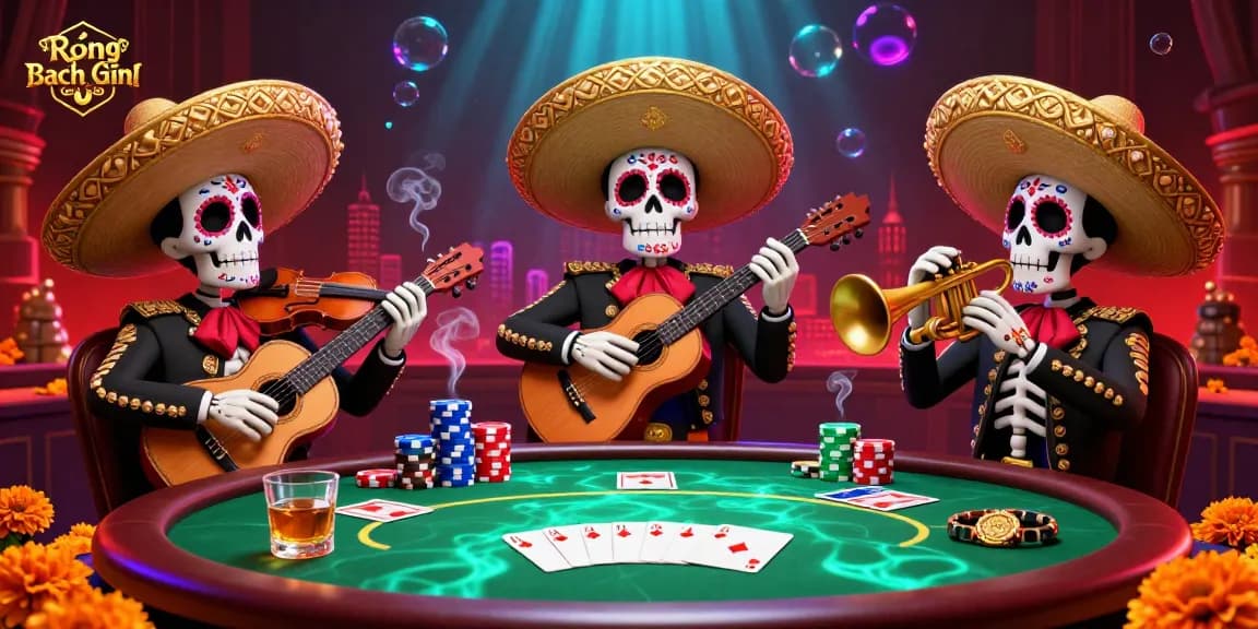 Play thrilling poker with Rồng Bạch Kim's vibrant mariachi band and colorful gaming elements.
