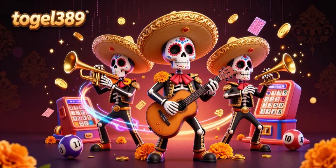 Engage with togel389's vibrant lottery scene featuring a lively mariachi band amidst sparkling prizes and dynamic lottery elements.