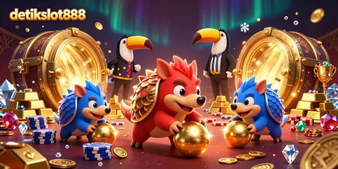 Immerse in the excitement of detikslot888 as pangolins roll golden balls and poker chips in a vibrant casino.