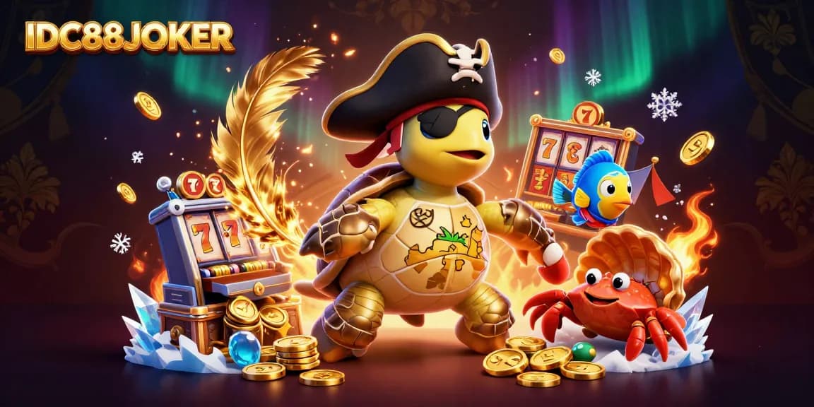 Engage with IDC88JOKER's lively 3D illustration showcasing vibrant characters amidst thrilling casino elements.