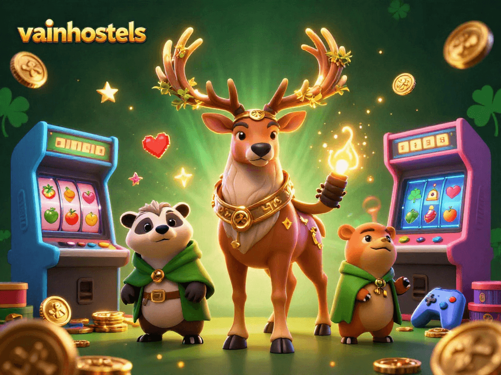 Experience gaming at vainhostels with a dazzling Celtic stag and vibrant slots in this dynamic 3D scene.