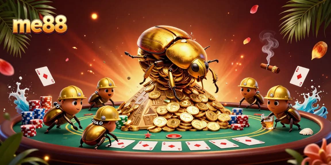 Experience me88 with a golden beetle rolling coins in a rich, vibrant casino scene.