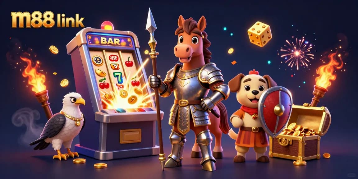 Win exciting jackpots with m88 link, featuring knights, puppies, and vibrant casino elements