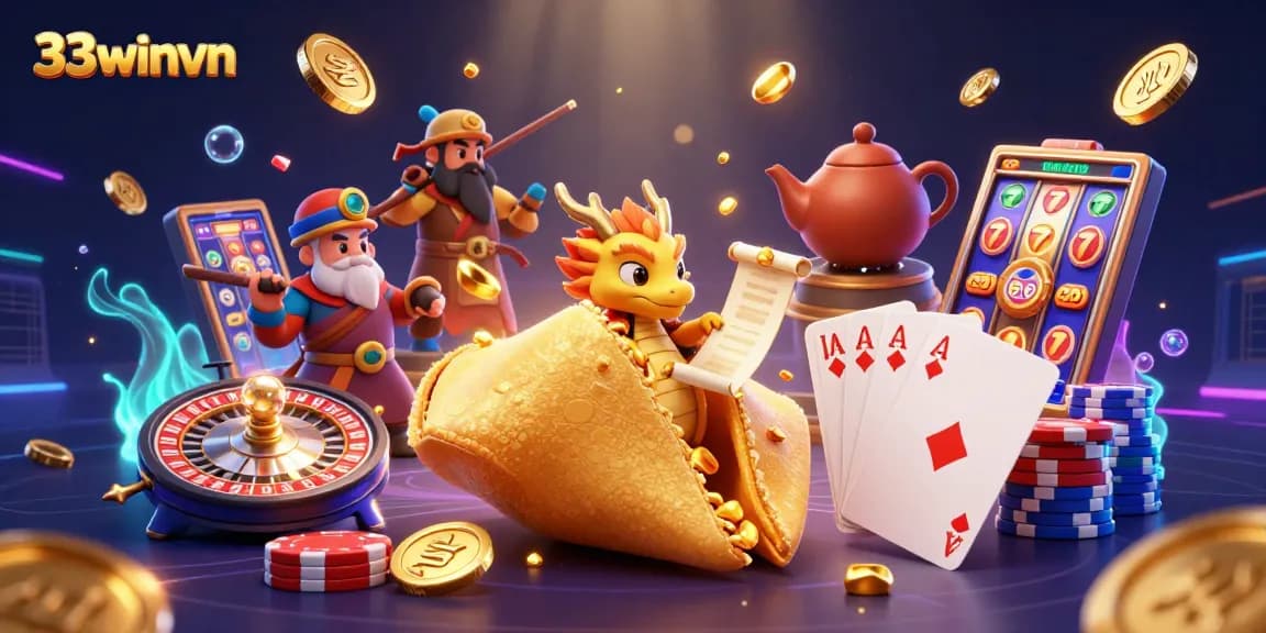 Experience thrilling wins at 33winvn with a vibrant casino illustration featuring energetic gaming elements.