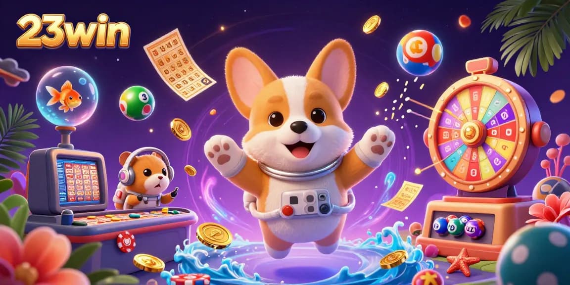 Engage with thrilling games at 23win while a cartoon corgi navigates a zero-gravity casino.