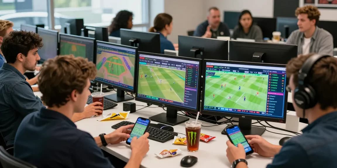 Engaged group enjoying the Velki App for live cricket and football betting in a vibrant gaming office environment.