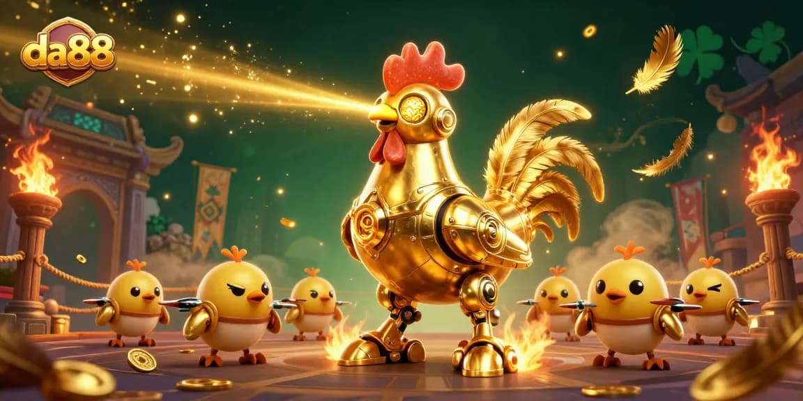 Engage in exciting gameplay with da88 as the golden rooster robot leads a thrilling casino adventure.