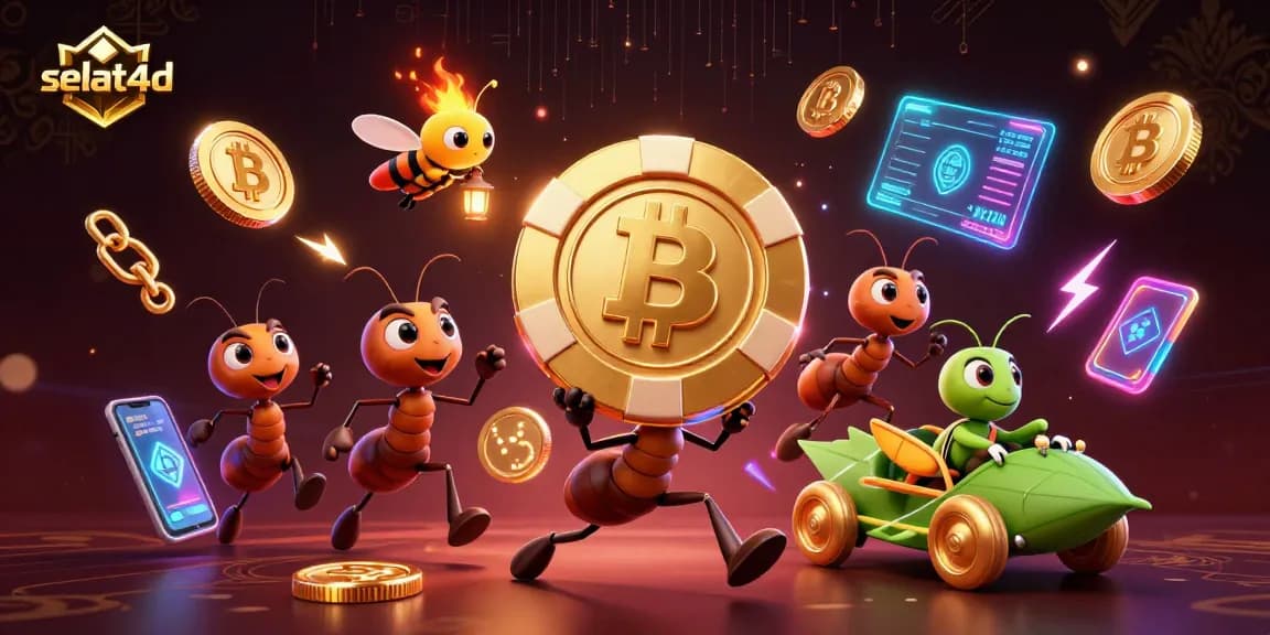 Experience an exciting selat4d heist with cartoon ants, crypto elements, and a grasshopper getaway.