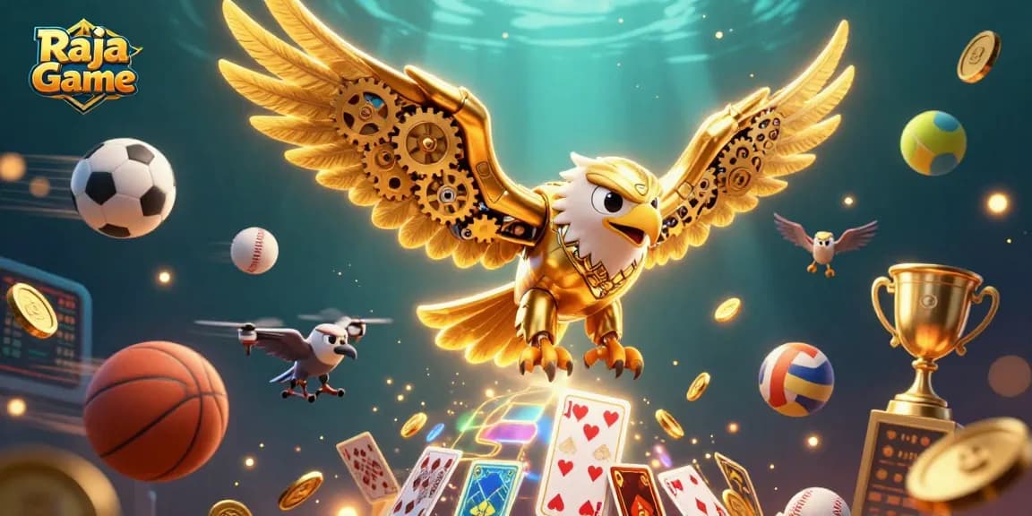 Experience the thrill of Raja Game with a dynamic scene featuring a golden eagle amidst sports elements and vibrant visuals.