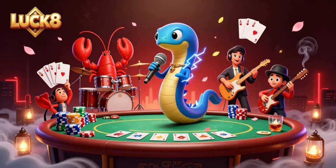 Experience the thrill of LUCK8 with an underwater casino scene featuring a DJ eel and vibrant gambling elements.