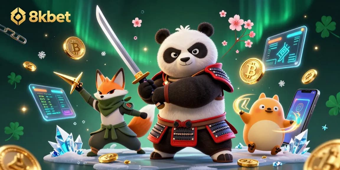 Experience exciting gaming wins with 8xbet's vibrant casino characters and crypto elements in a colorful scene.