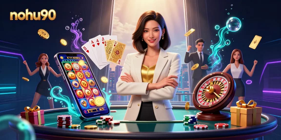 Engage with nohu90's thrilling gaming experience featuring a powerful woman in a stylish casino atmosphere.