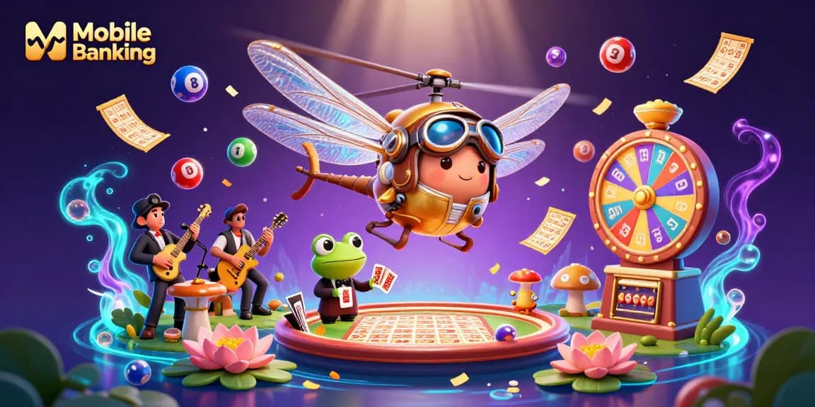 Permainan Mobile Banking dengan karakter casino yang penuh warna dan detail menarik.