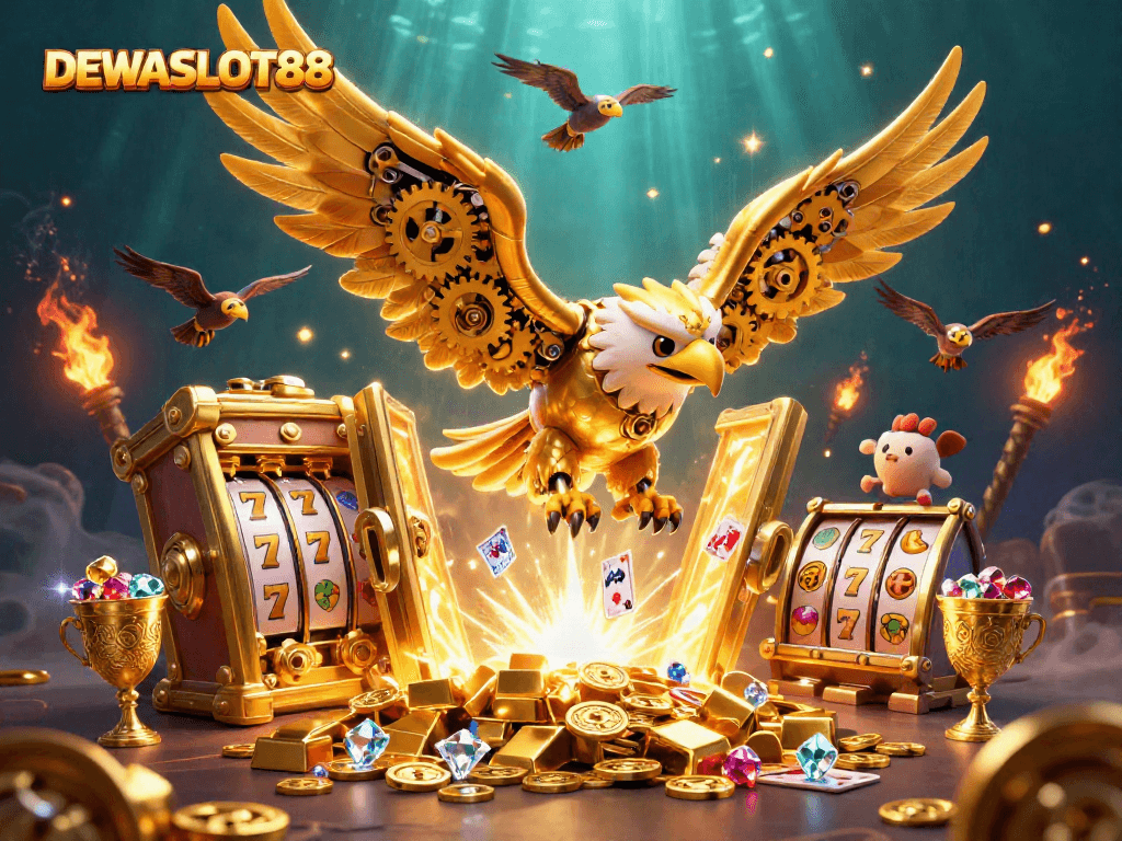 Experience the thrill of DEWASLOT88 with a dynamic 3D casino illustration featuring golden treasures and slot games.