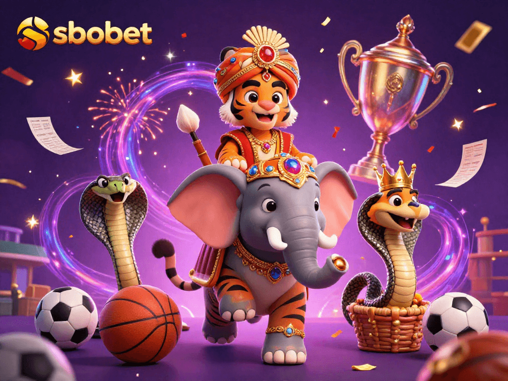 SBOBET enhances sports betting excitement with dynamic players, coins, and vibrant trophies.