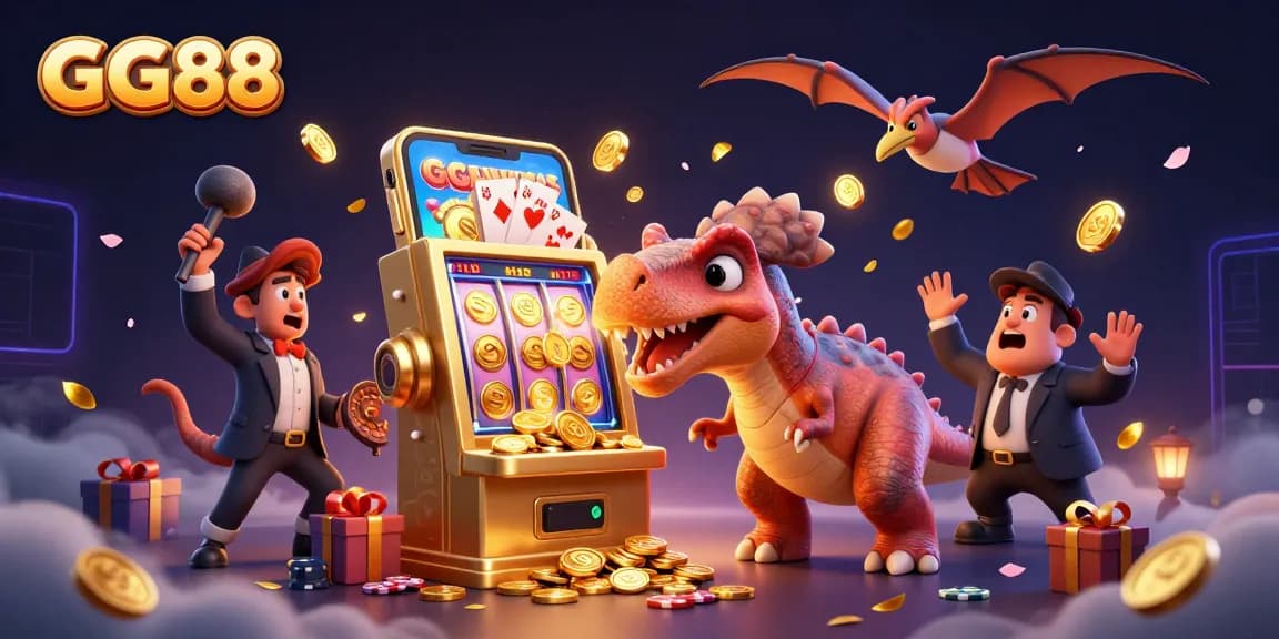 Watch GG88's pachycephalosaurus hit a slot machine, while coins rain down in this vibrant casino scene.