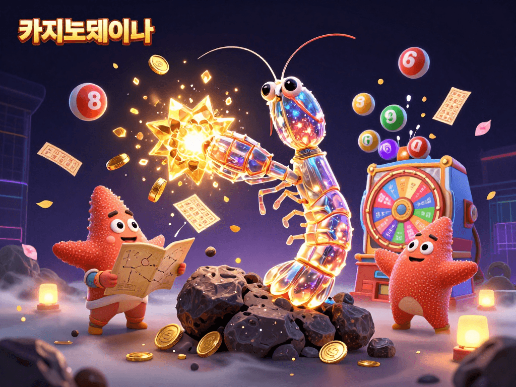 카지노사이트에서 슬롯 및 복권 게임을 즐기는 3D 만티스 새우와 별자리 지도를 읽는 별자리 성게의 모습