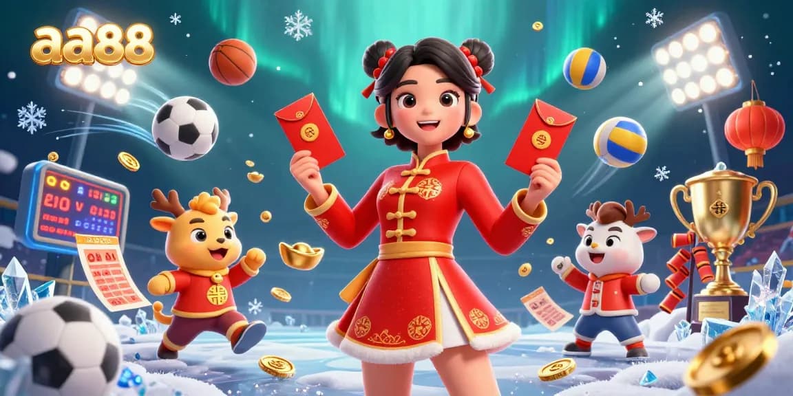 Experience the thrill of gambling with aa88, featuring an Asian woman celebrating Lunar New Year amidst festive sports elements.