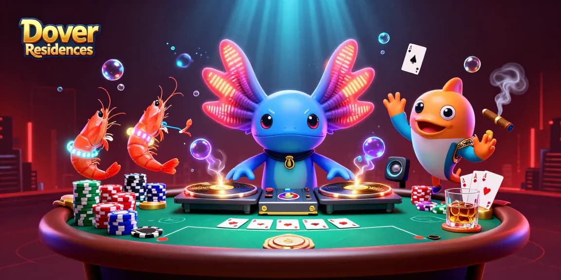 Permainan kasino di Dover Residences dengan DJ axolotl neon dan kelompok karakter laut.