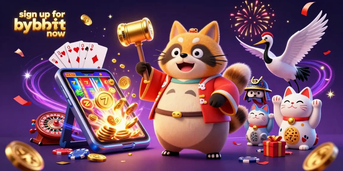 Sign up for bybit now and join a vibrant crypto trading adventure with festive characters and colorful gambling elements.