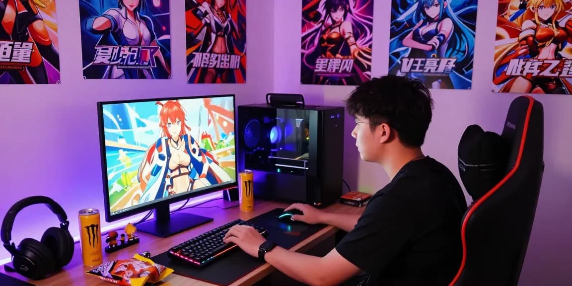 Engaging gamer immersed in playing hentai games surrounded by vibrant gaming decor and equipment
