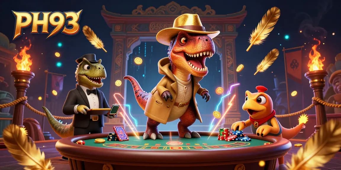 Experience thrilling gameplay at PH33 with cartoon dinosaurs in a vibrant casino setting.