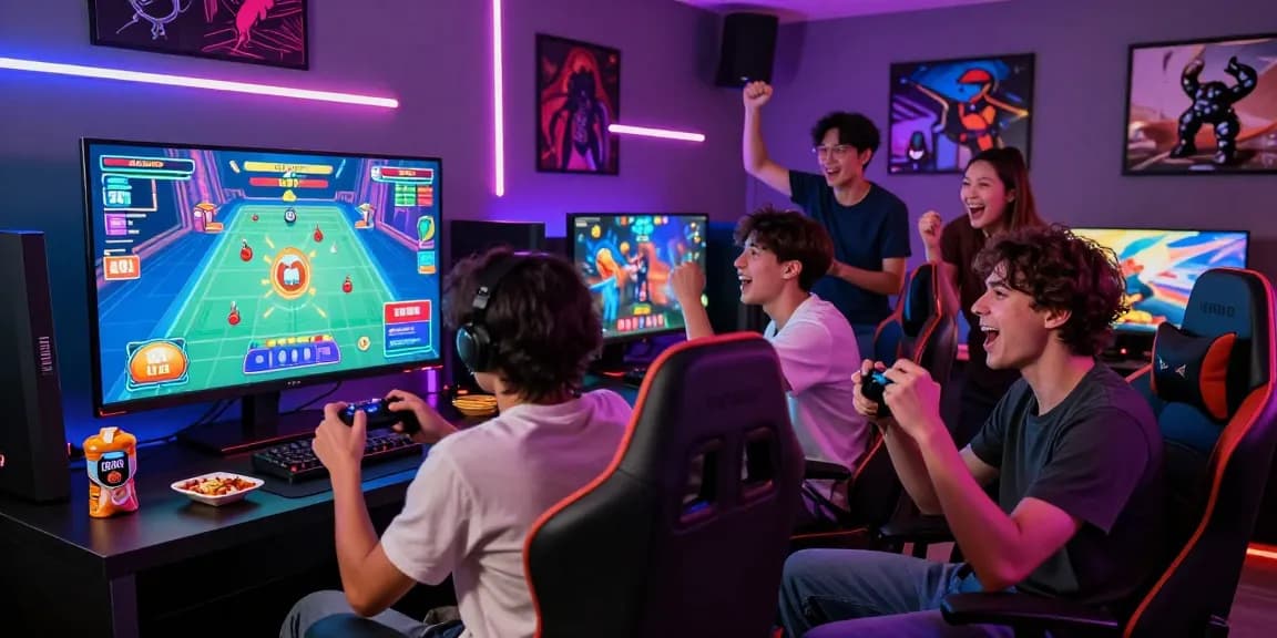 Friends enjoying Lucky 101 game in an energetic gaming room atmosphere with vibrant lights.