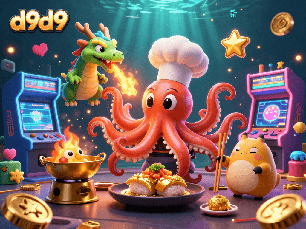 Masiglang aksyon sa d9d9 na may sushi chef octopus at dragon habang naglalaro ng mga slot.