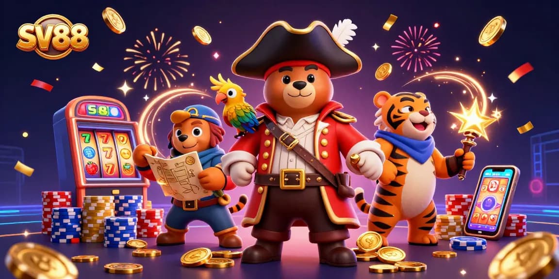 Engage with SV88's thrilling world of slots and jackpots showcasing vibrant characters and casino elements.