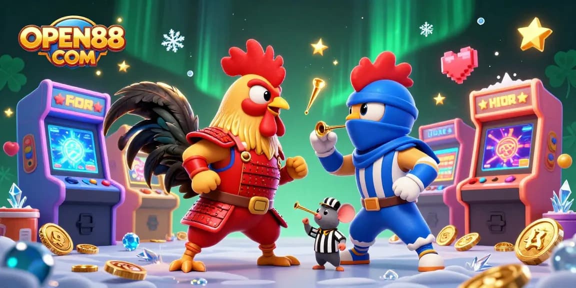 Compete with OPEN88 COM in a thrilling casino showdown featuring unique characters in dynamic poses.