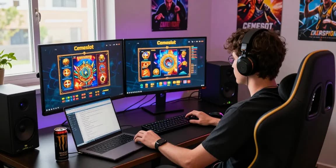 Login Cemeslot Resmi scene showcasing vibrant online gaming experience with a user engaging and comfortable setup.
