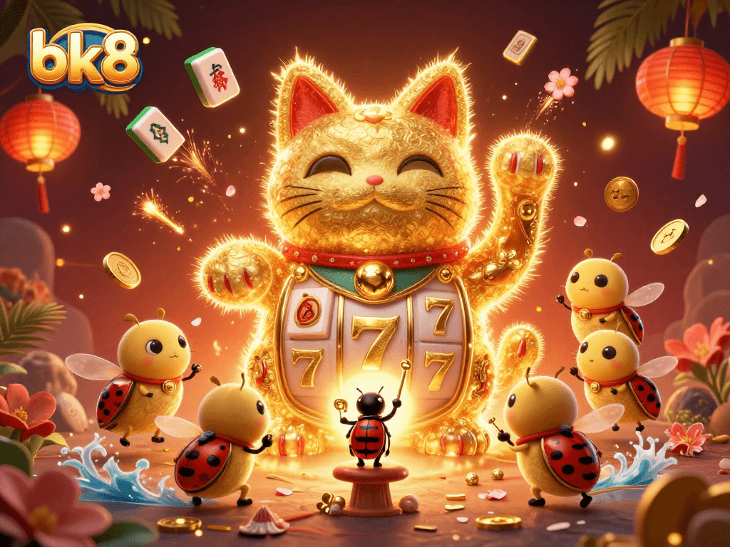 Experience bk8 magic with a giant lucky cat and swirling casino elements in vibrant 3D.