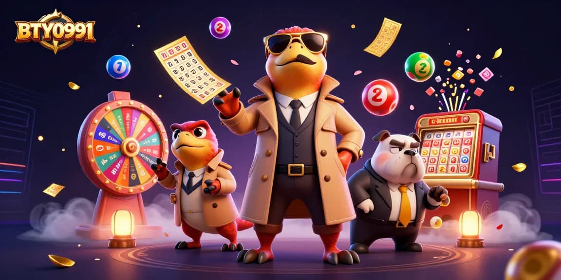 Engage with BTY0991 in a colorful lottery scene featuring cartoon raptors in a trench coat.