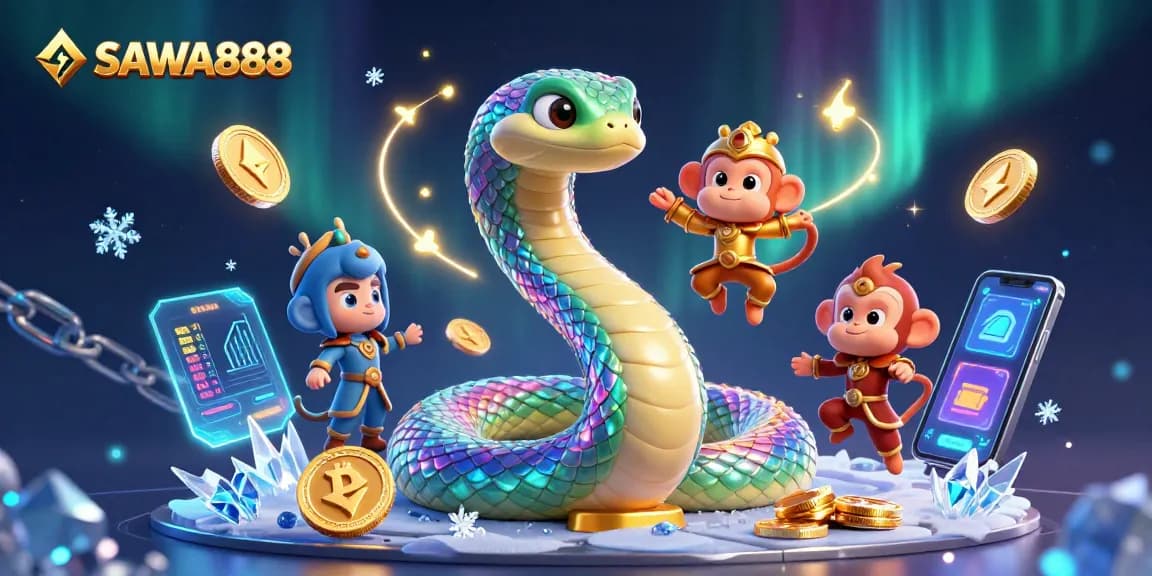 SAWA888 entertains players with dynamic 3D casino visuals featuring vibrant characters and crypto elements.