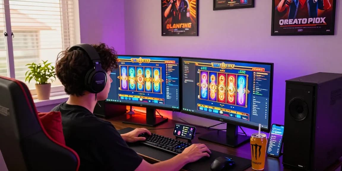 Gamer enjoying an exciting gaming session at the best situs slot deposit pulsa tanpa potongan with colorful visuals and ambient lighting.