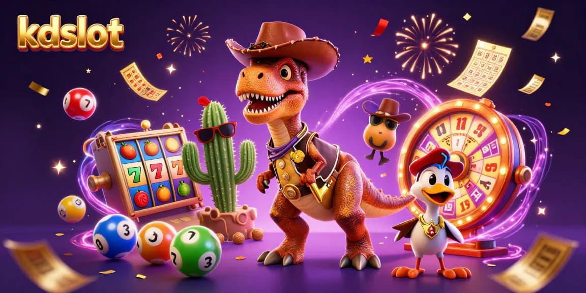 Experience the excitement of kdslot as characters celebrate with casino elements and vibrant colors.