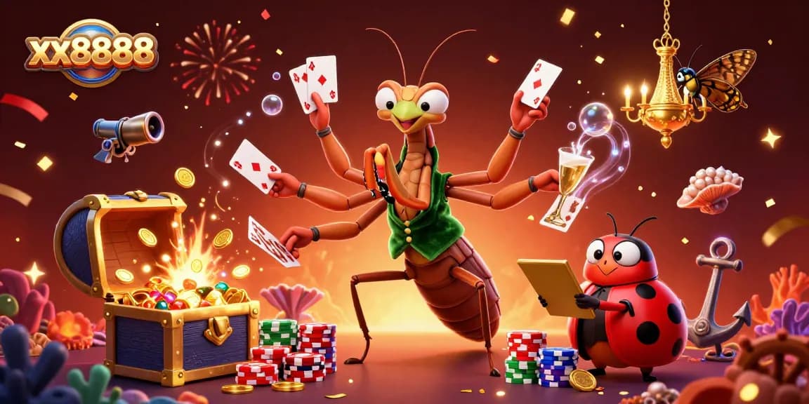 Engage with xx8888 in a vibrant 3D casino scene featuring a mantis card sharp and ladybug pit boss.