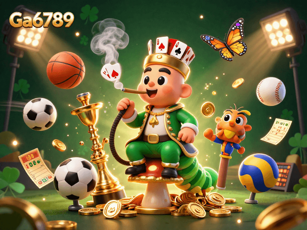 Experience gambling excitement with Ga6789 in a lively, richly detailed casino scene featuring sports balls and dynamic elements.