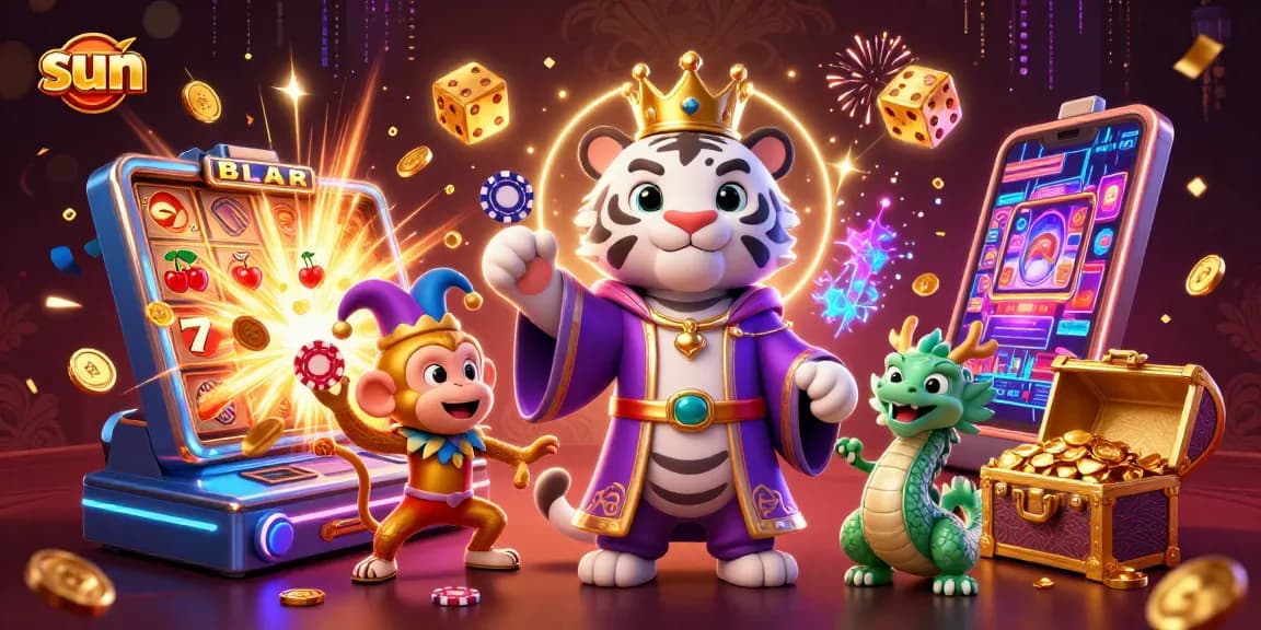 Win big with sun-themed slots, featuring a majestic tiger and playful monkey in a vibrant casino scene.