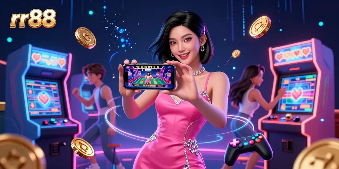 Engage with rr88's vibrant gaming landscape showcasing a stunning Asian woman enjoying live dealer action on her smartphone.